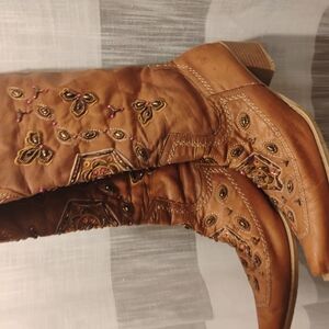 Embroidered Brown Faux Leather Women's Boots